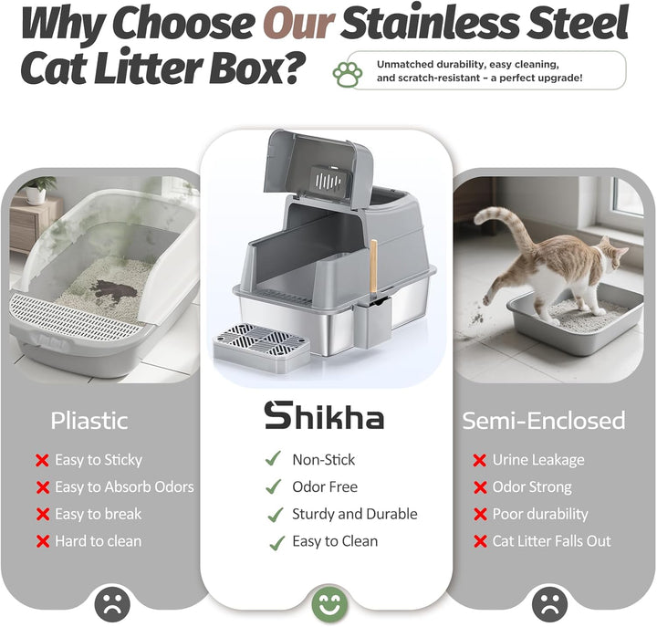 XXL Edelstahl Katzenklo mit Deckel, 110° Flip-Cover Design Geschlossen Katzentoilette aus Edelstahl,