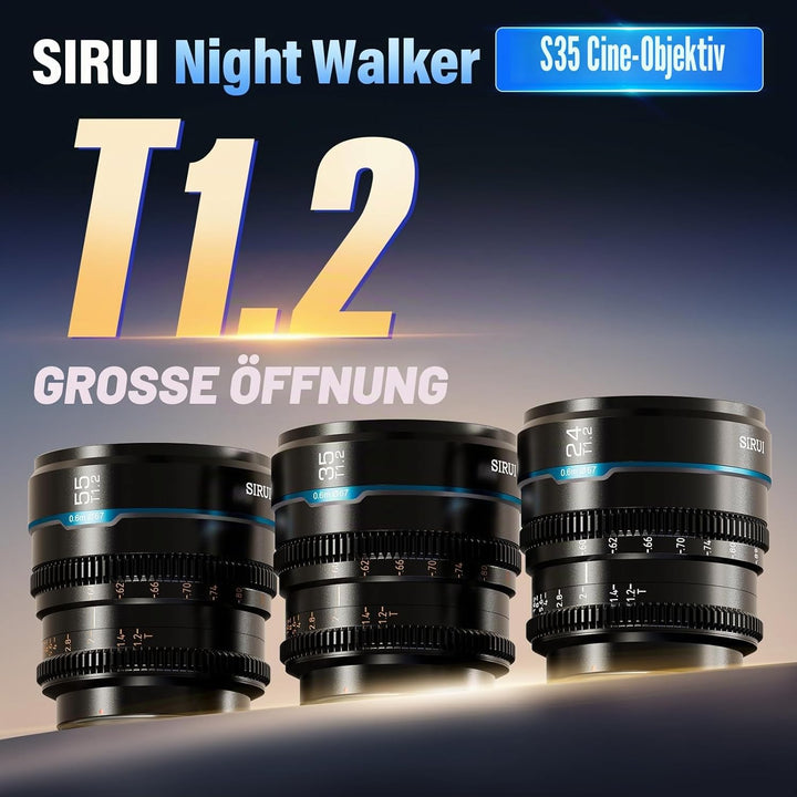 SIRUI Night Walker T1.2 S35 Cine Objektiv-Set, 24 mm, 35 mm, 55 mm, grosse Blende, manueller Fokus (