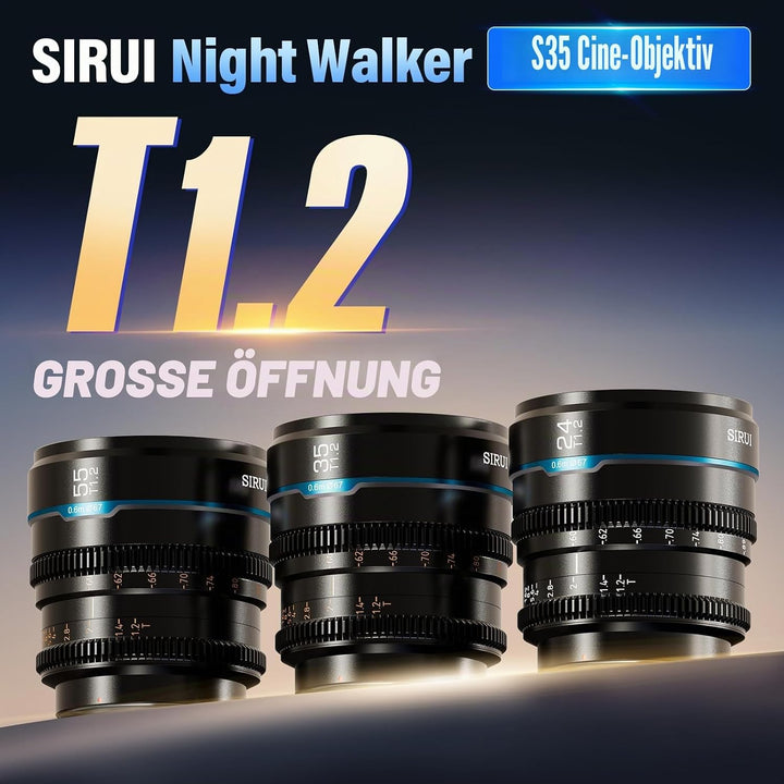 SIRUI Night Walker 3er-Set Manuelles Kinoobjektiv 24mm, 35mm & 55mm T1.2 für MFT-Mount, S35 Prime Se