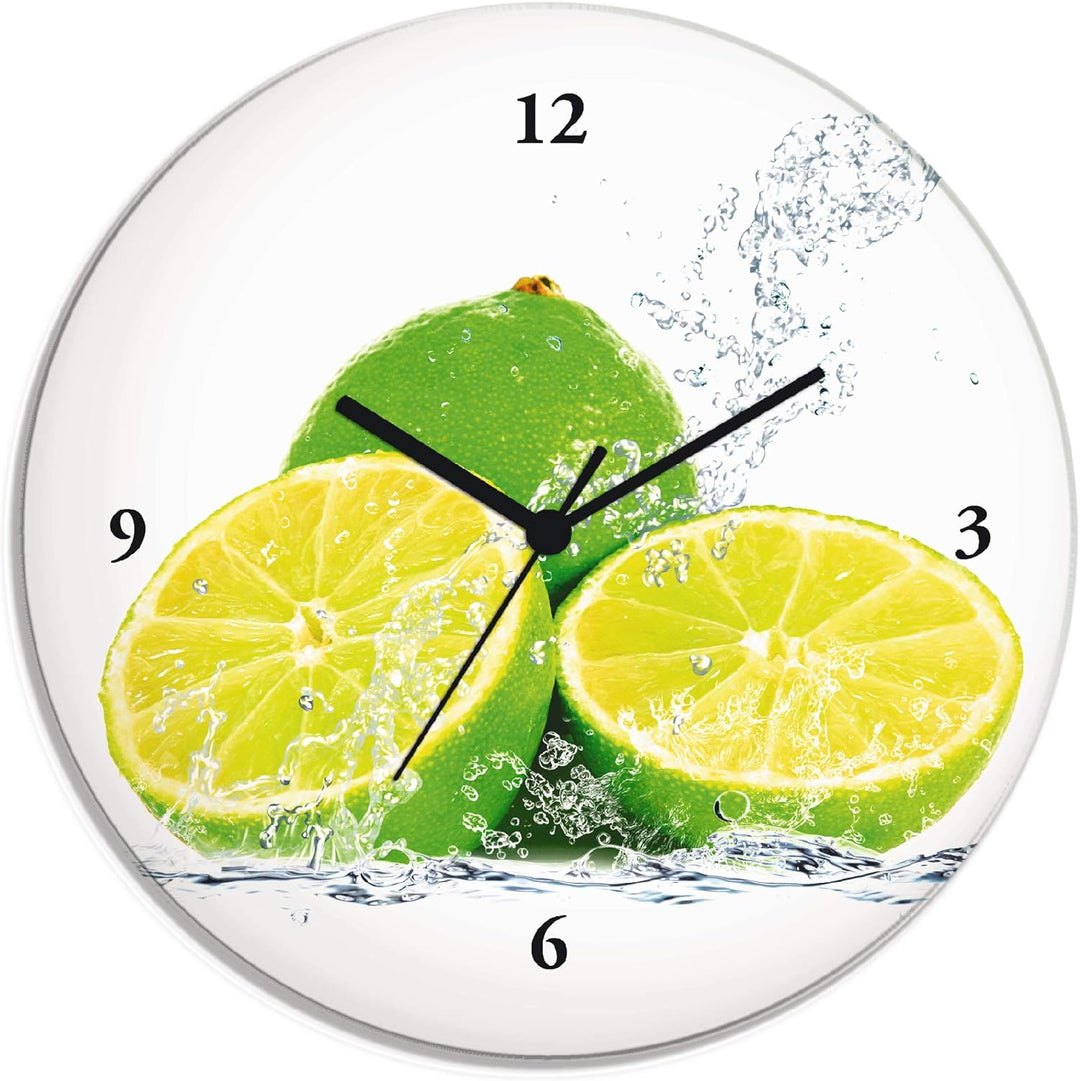 ARTLAND Wanduhr ohne Tickgeräusche Glas Quarzuhr Ø 30 cm Rund Lautlos Obst Früchte Limette im Wasser