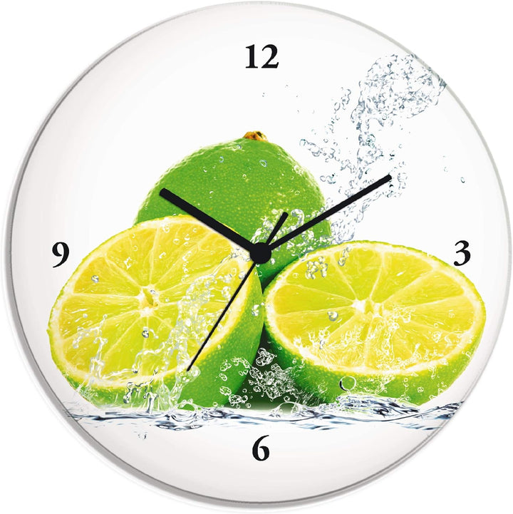 ARTLAND Wanduhr ohne Tickgeräusche Glas Quarzuhr Ø 30 cm Rund Lautlos Obst Früchte Limette im Wasser