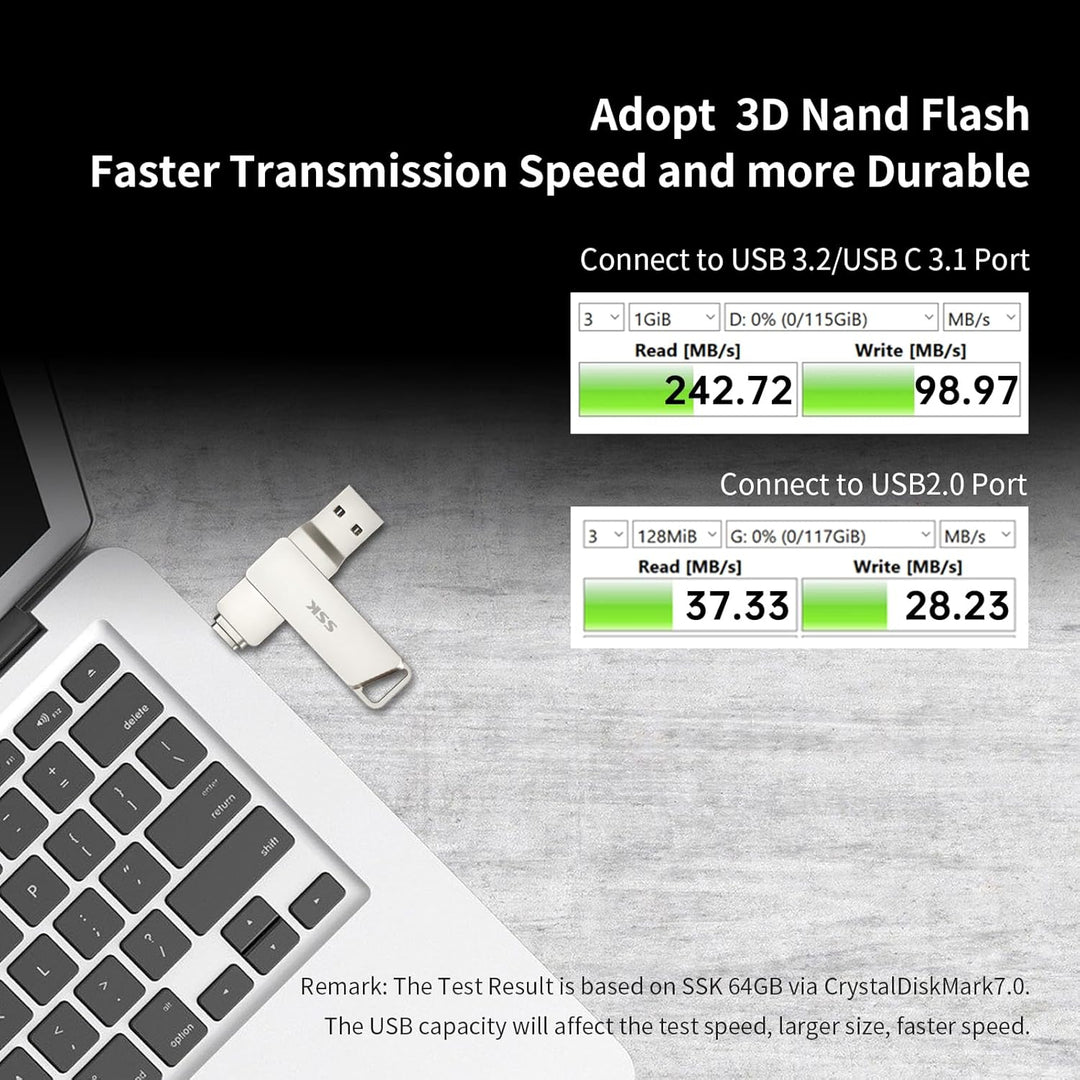 SSK USB C-Disk 64GB Speicher bis zu 200 MB/s Dual-Laufwerk Typ C + USB 3.2 Jump Flash Drive-Speicher