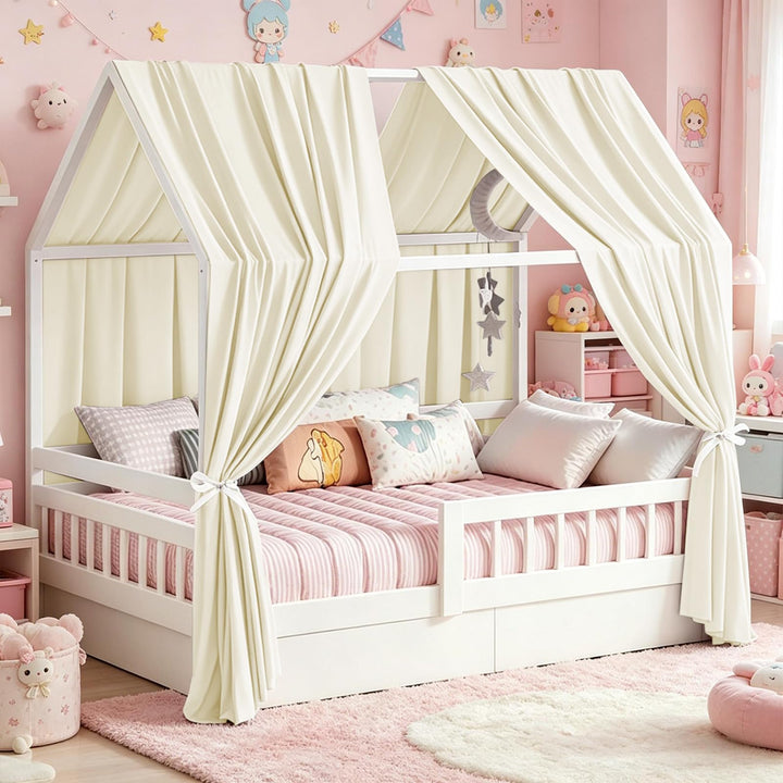 Beige Hausbett Himmel, 2 Stück Betthimmel Hausbett 270 x 67 cm, Himmelbett Vorhänge für Mädchen & Ju