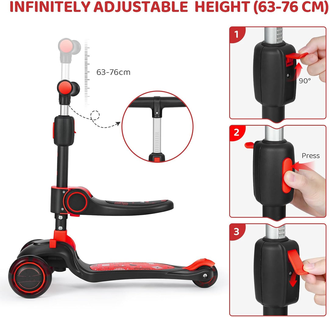 Kinderroller mit 360° drehbarem Sitz, stufenlose Höhenverstellung, Scooter mit LED-Rädern, Faltbarer