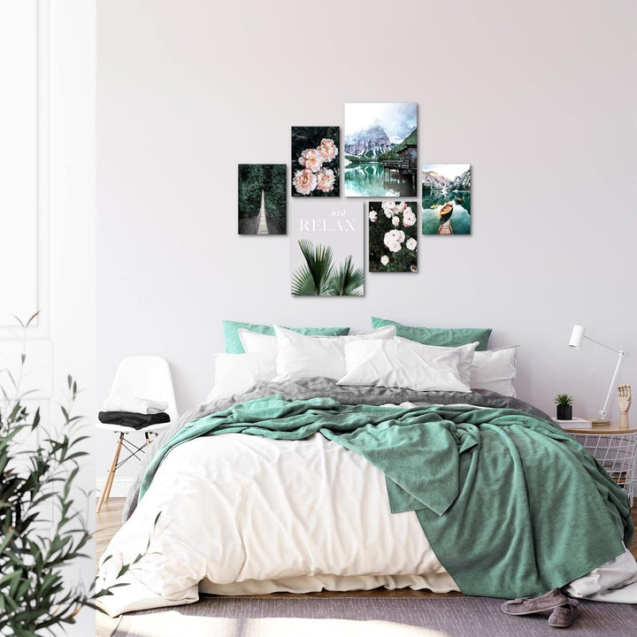 Novart Wandbilder Set See Berge grün Natur - KEIN EXTRA RAHMEN BENÖTIGT - Modern Deko - Wohnzimmer S