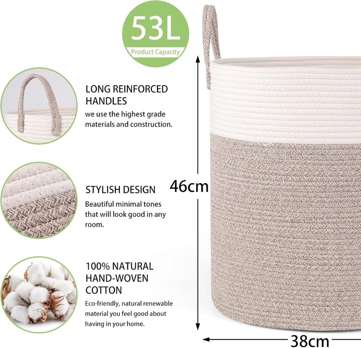 Withosent Wäschekorb Geflochten aus Baumwolle, 66L Wäschesammler mit Henkel, Laundry Basket Aufbewah