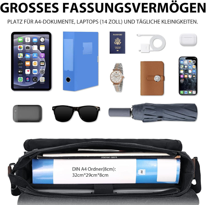 Leathario Umhängetasche Herren 14 Zoll, Messenger Bag aus Echtleder und Canvas, Arbeitstasche Studen
