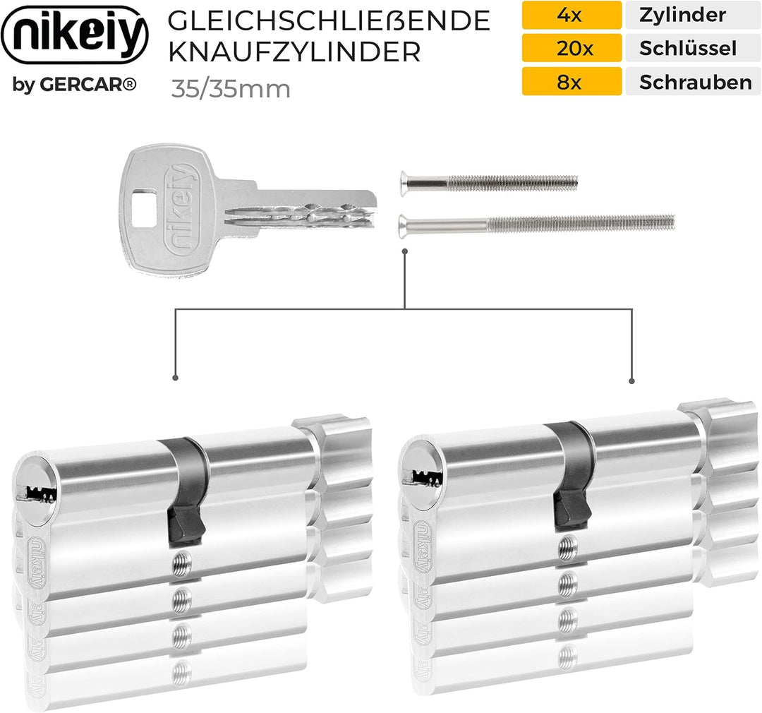 GERCAR 4x Knaufzylinder gleichschliessend 4 Schliesszylinder 35/35 inkl. 20 Schlüssel - 70 mm - Türs