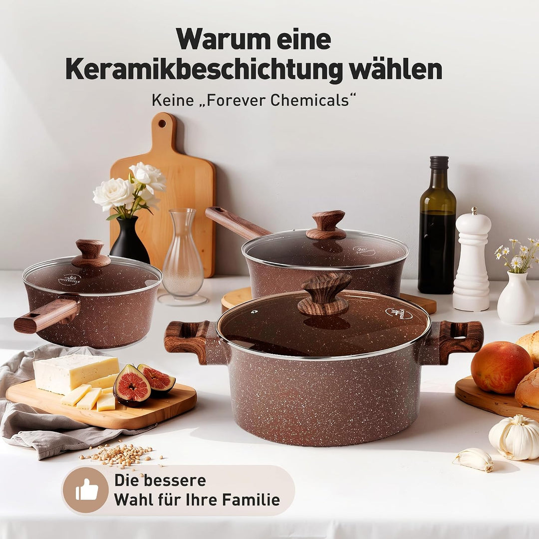 Kitchen Academy Antihaft Topfset Induktion mit Glasdeckel Braun 10tlg