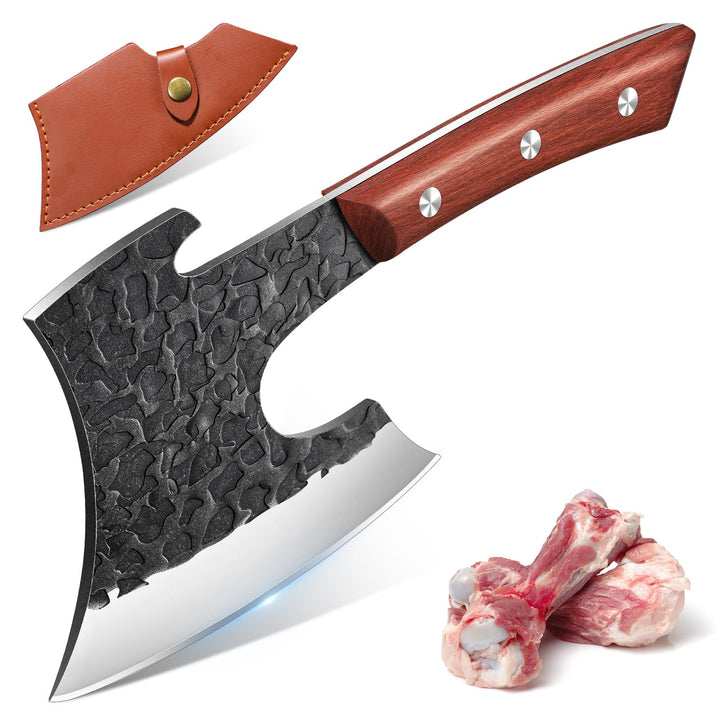 Purple Dragon Hackbeil Schwer für grosse Knochen und Fleisch, Full Tang Küchenbeil mit Lederscheide,
