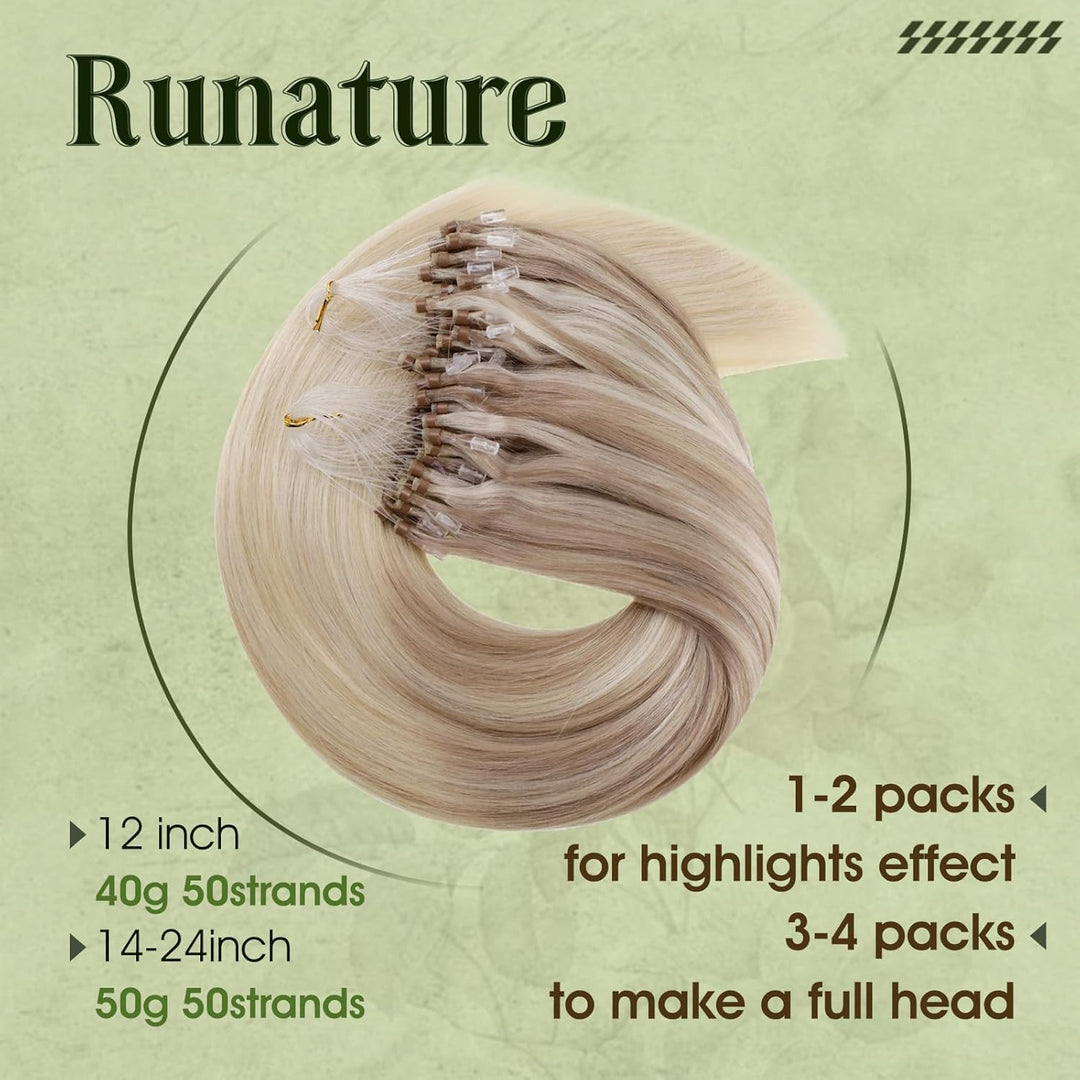 RUNATURE Haarverlängerung Echthaar Microring Balayage Blond 35cm Ombre Echte Haare 50s 50g #18/22/60