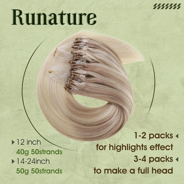 RUNATURE Haarverlängerung Echthaar Microring Balayage Blond 35cm Ombre Echte Haare 50s 50g #18/22/60