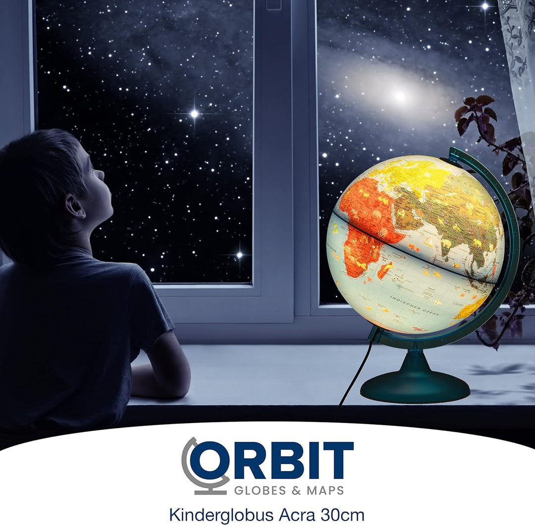ORBIT GLOBES &amp; MAPS Kinderleuchtglobus 30cm mit Tieren, Kunststoff Fuss, deutsch mit stabilem Hartpl