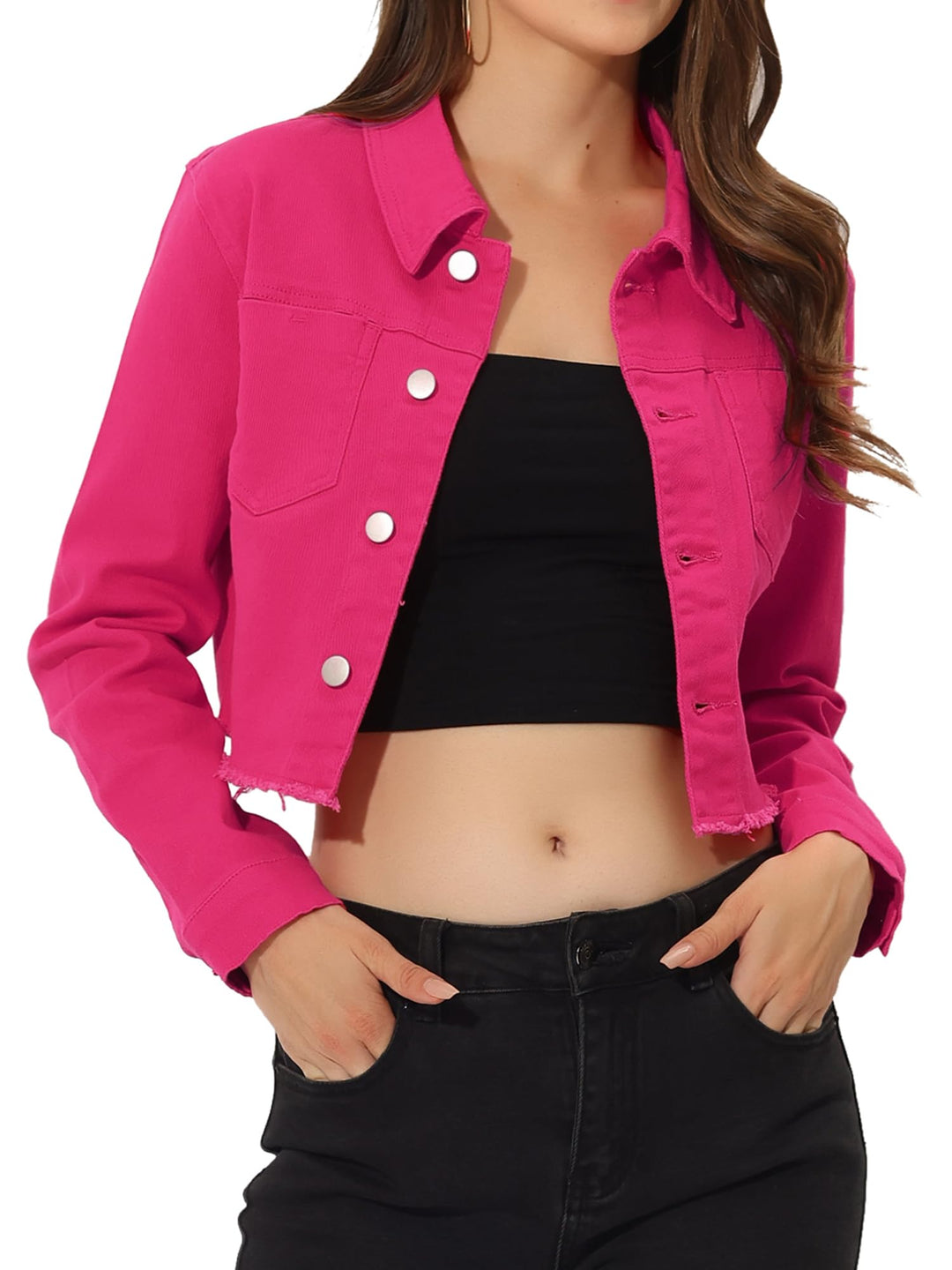Allegra K Damen Langarm Denim Jacken Button Up Washed Umlegekragen Cropped Jeansjacke XS Fuchsie, XS