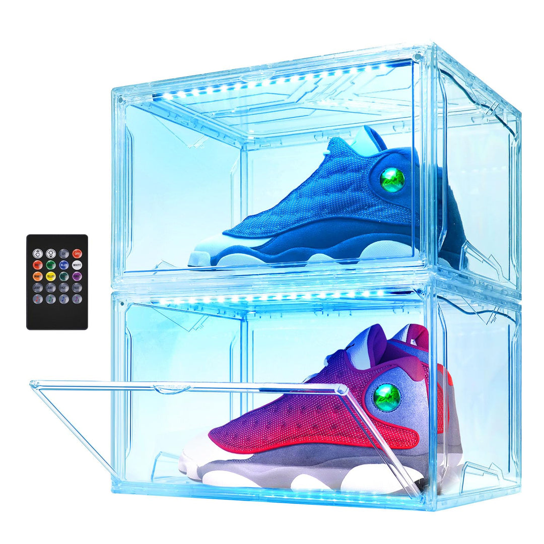 LED Schuhboxen Stapelbar, 2er Set, Schuh-Organizer aus Kunststoff, Schuhaufbewahrung Platzsparend, M