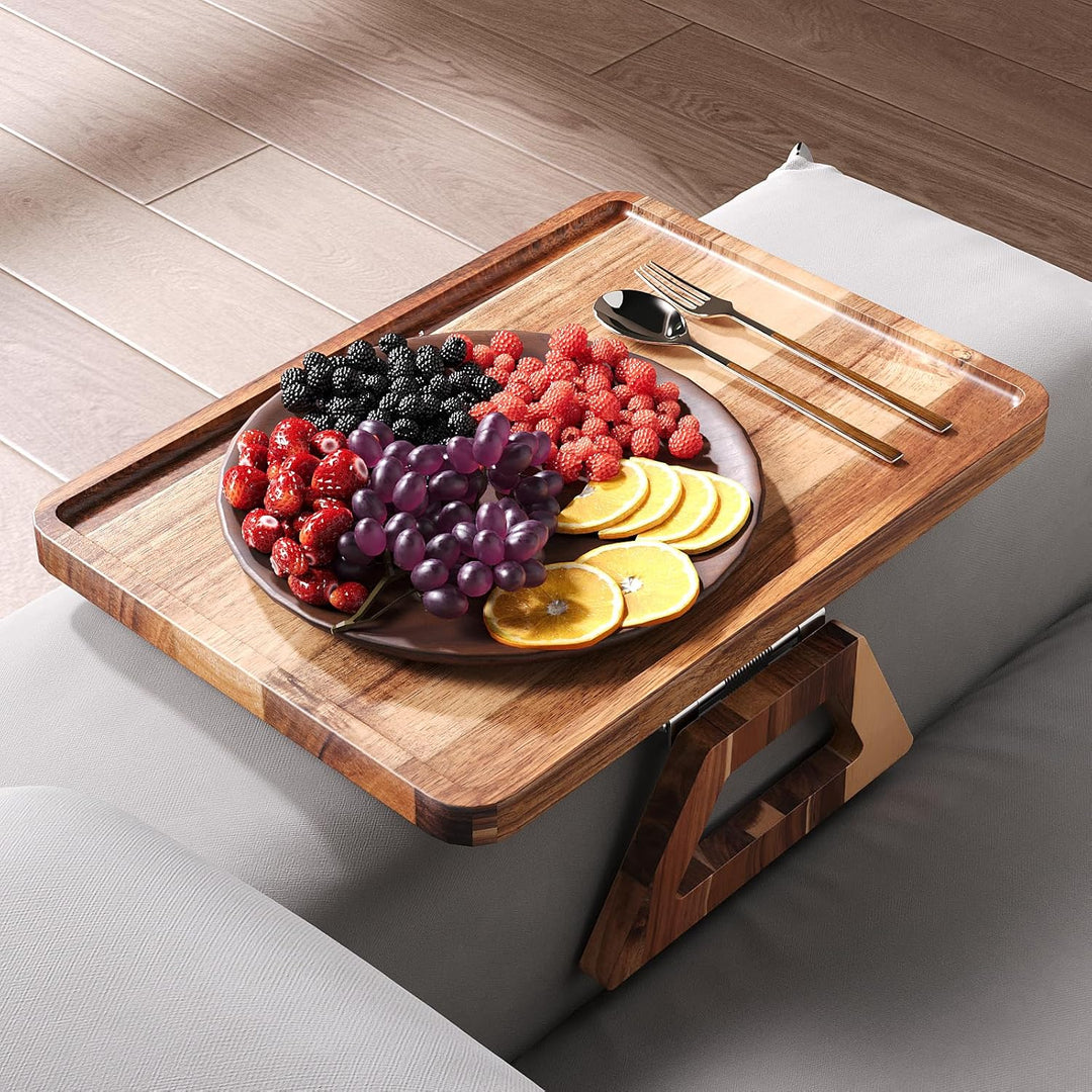 Fibogollo Akazienholz Sofatablett Armlehne,Festclip Couch Tablett Armlehnen Tray für Snacks,Handy,Co