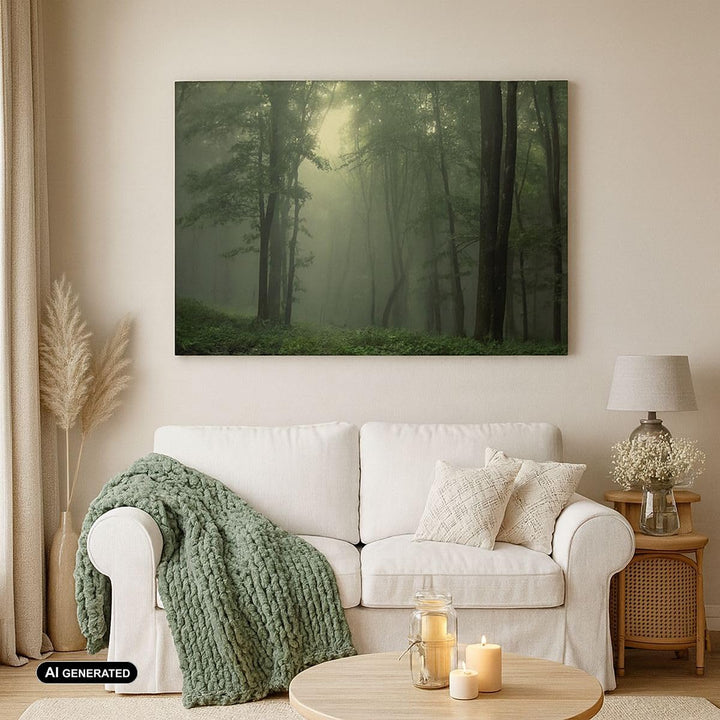 Bilder auf Leinwand 100x70cm Leinwandbild mit Rahmen Wald Nebel Baum Gross Wanddeko Bild Schlafzimme