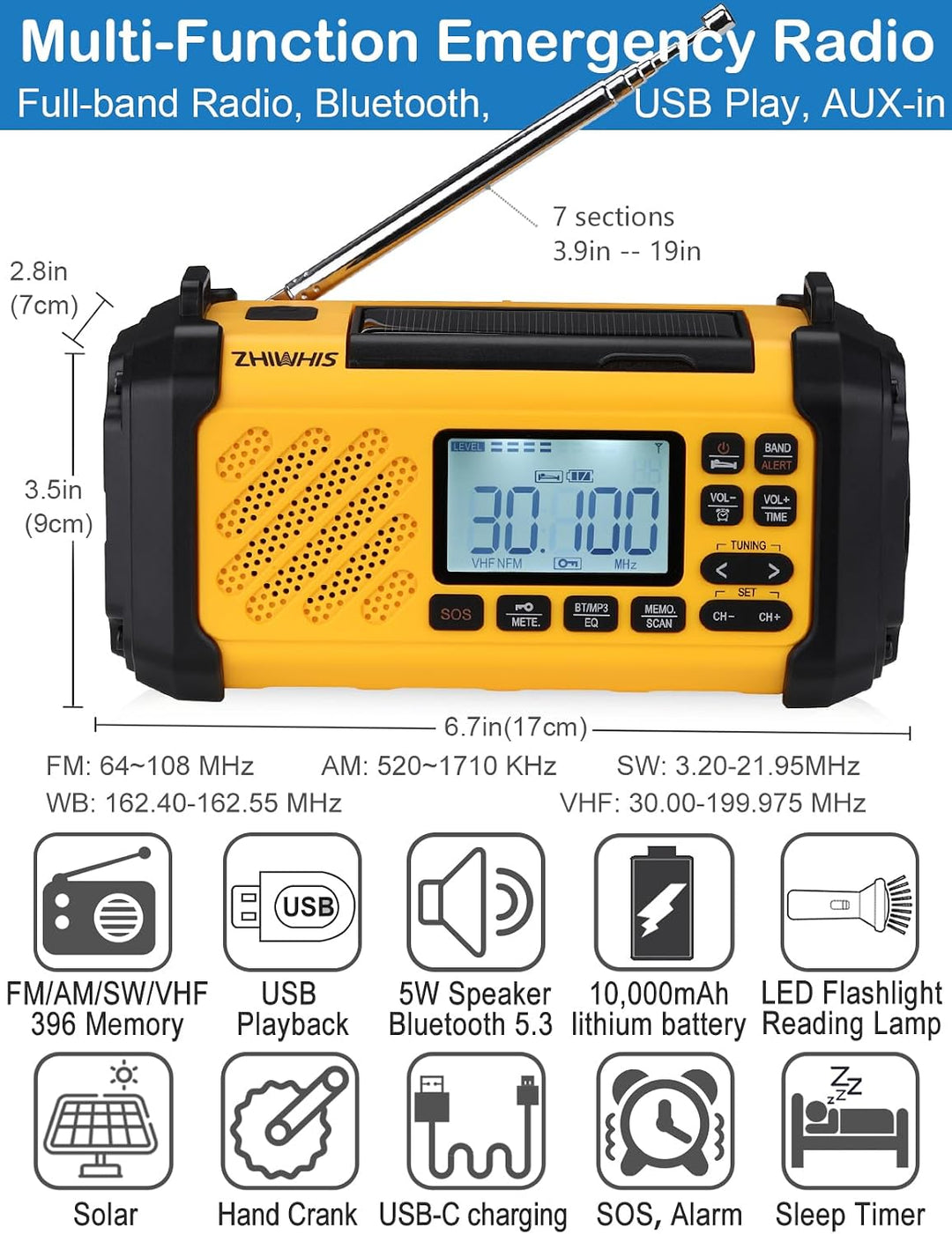 ZHIWHIS Notfall-Radio mit Bluetooth, 10000mAh FM/AM/SW/VHF/NOAA Wetterradios mit Warnungen, Handkurb