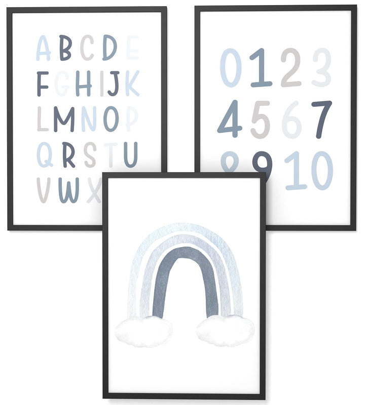 Papierschmiede® Kinderbilder 3er Set Lernposter, A4 gerahmt in Holzrahmen (schwarz), Geschenk für Ju