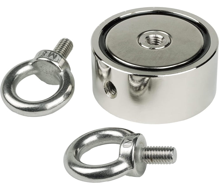 SENSEI Magnet 150 kg, Doppelseitiger Neodym-Magnet N52 mit 2 Ösen oben und seitlich, Ø6 x H2,7 cm, M
