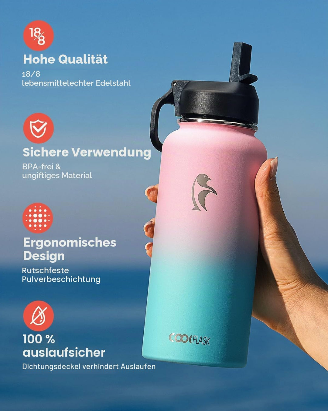 Coolflask Isolierte Wasserflasche 1L, Edelstahl Isolierte Wasserflasche mit Strohhalm & 3 Deckeln, D