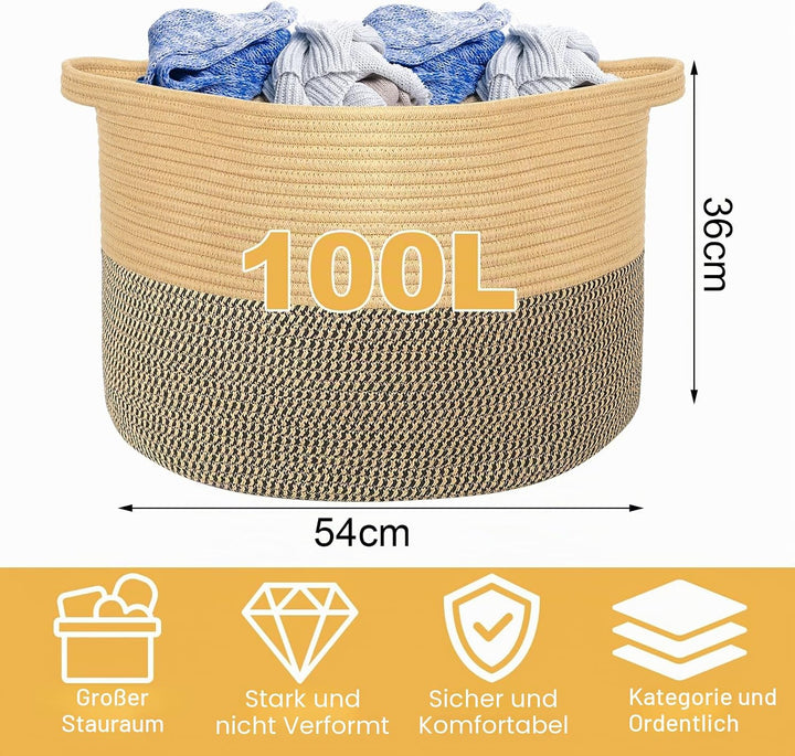 Withosent 100L Wäschekorb Geflochten aus Baumwolle, Wäschesammler mit Henkel, Laundry Basket Aufbewa
