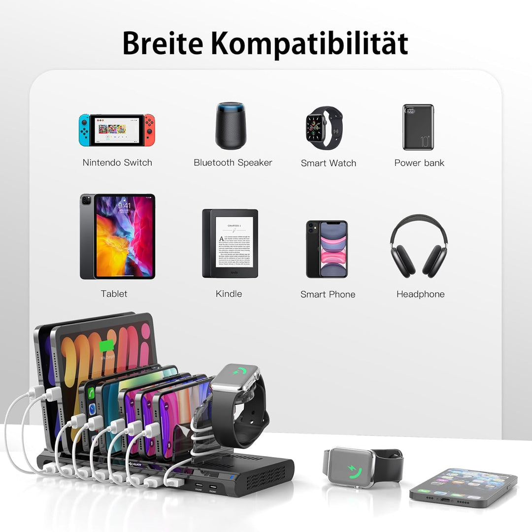 Alxum 96W 10 Port USB C Ladestation für Multi-Geräte, Schnellladestation Organizer mit 2 * 18W PD &