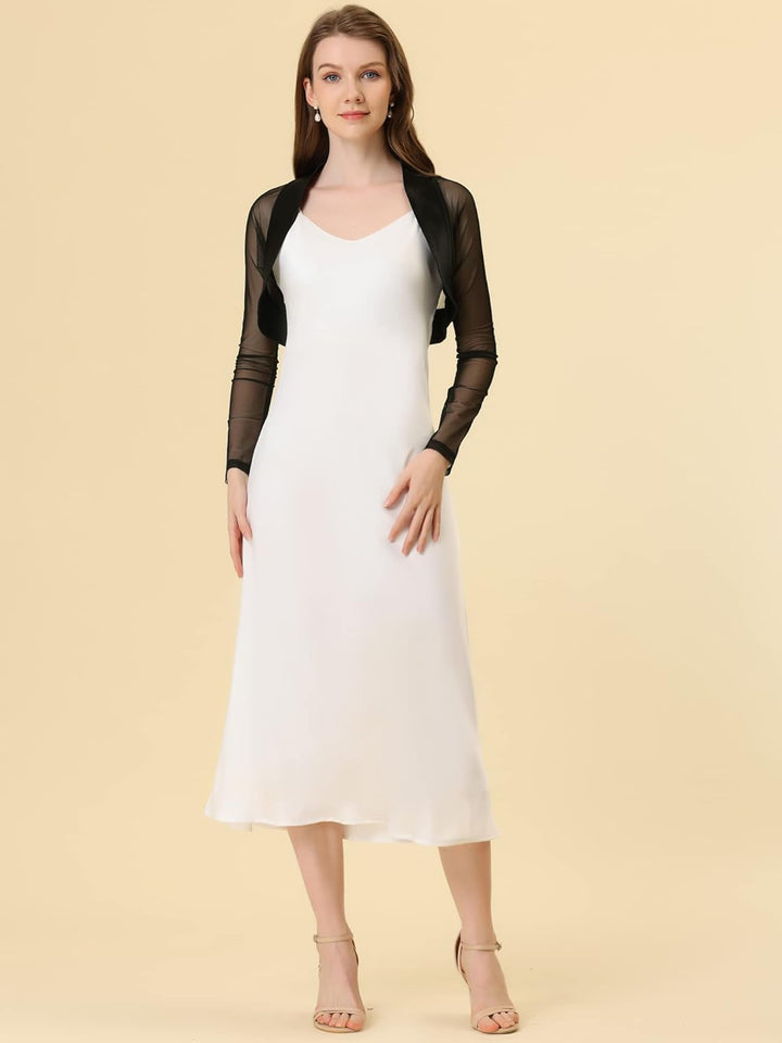 Allegra K Damen Satin Bolero Langarm Hochzeit Crop Shrugs Offen Elegant Chiffon Cardigan L Schwarz,