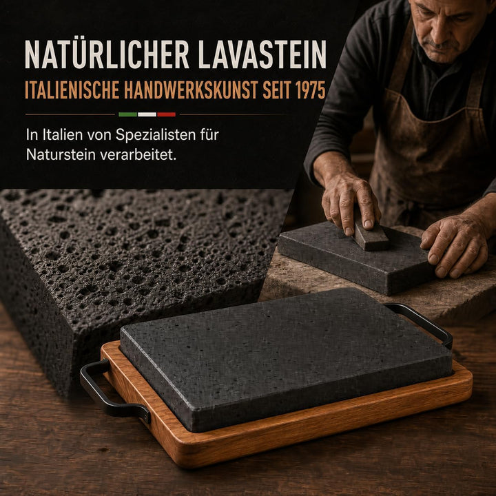 Lavastein Grillplatte mit Holztablett 27x18 cm – Heisser Stein für Steak &amp; Fleisch – BBQ Servierplat