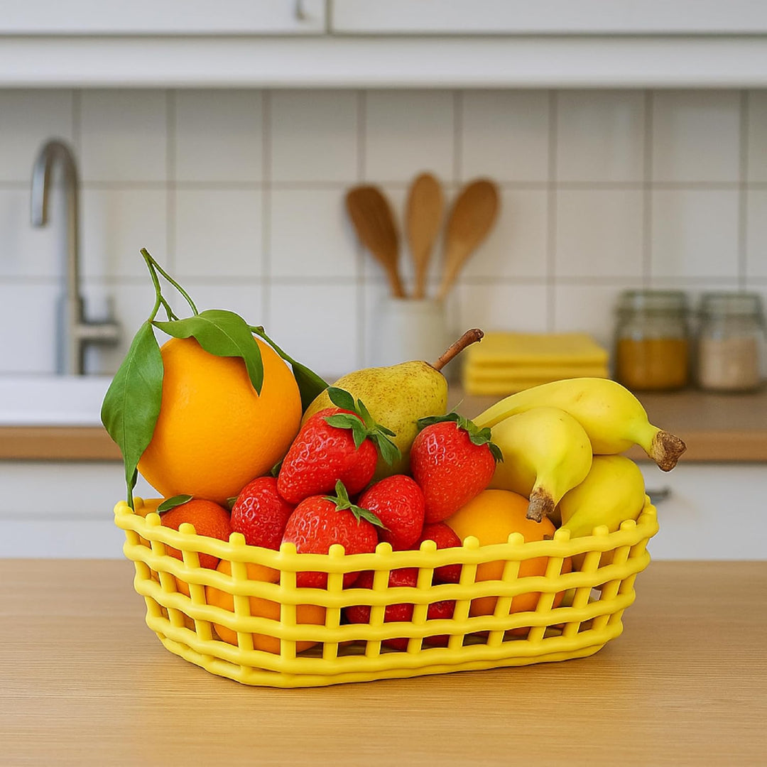Baroni Home Mehrzweck geflochtener Keramikkorb, Obstkorb, Tischmitte, Aschenbecher, Rechteckig Gelb