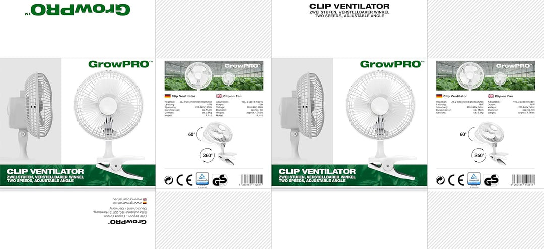 GrowPRO Mini-Ventilator mit Clip, leise, 2-Stufen regelbar, 15Watt, idealer Tischventilator im Büro,