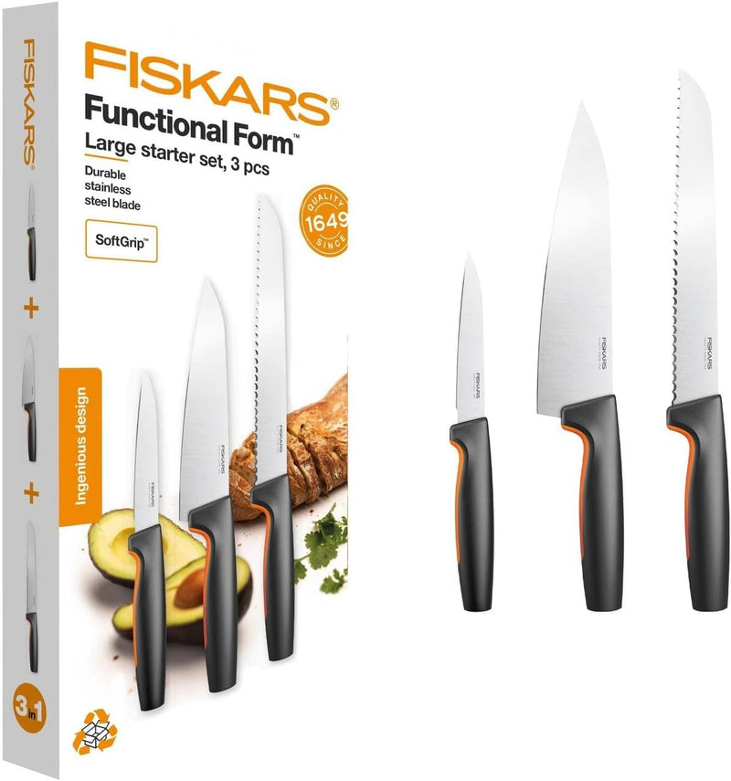 Fiskars Küchenmesser-Set, 3-teilig, Functional Form, Inklusive Kochmesser (mittel), Gemüsemesser und