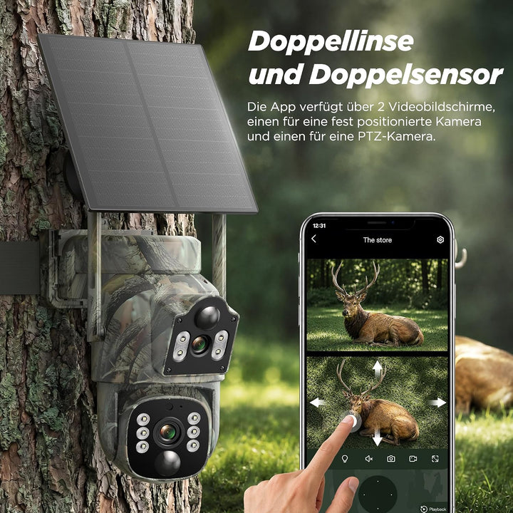 VOOPEAK 4G LTE Wildkamera mit SIM Karte, Dual-Objektiv Wildtierkamera mit 360° Live-Übertragung, 2K