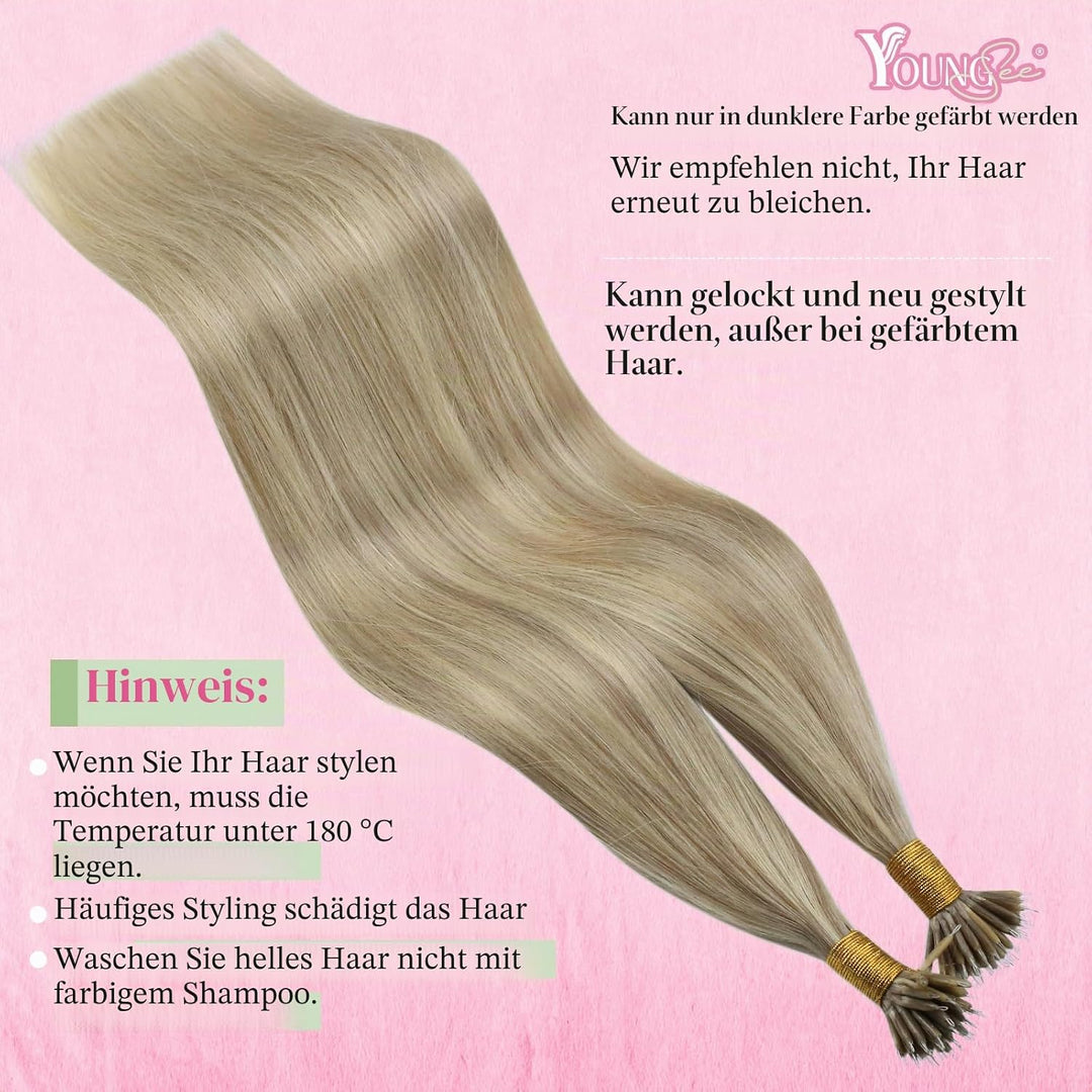 YoungSee Nano Extensions Echthaar Blond 55 cm Nanoring Extensions Echthaar Gesträhnt Goldblond Mit B