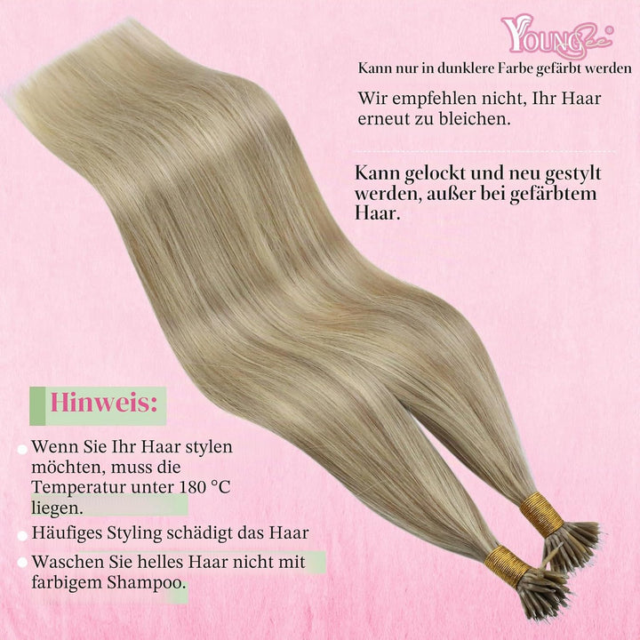 YoungSee Nano Extensions Echthaar Blond 55 cm Nanoring Extensions Echthaar Gesträhnt Goldblond Mit B