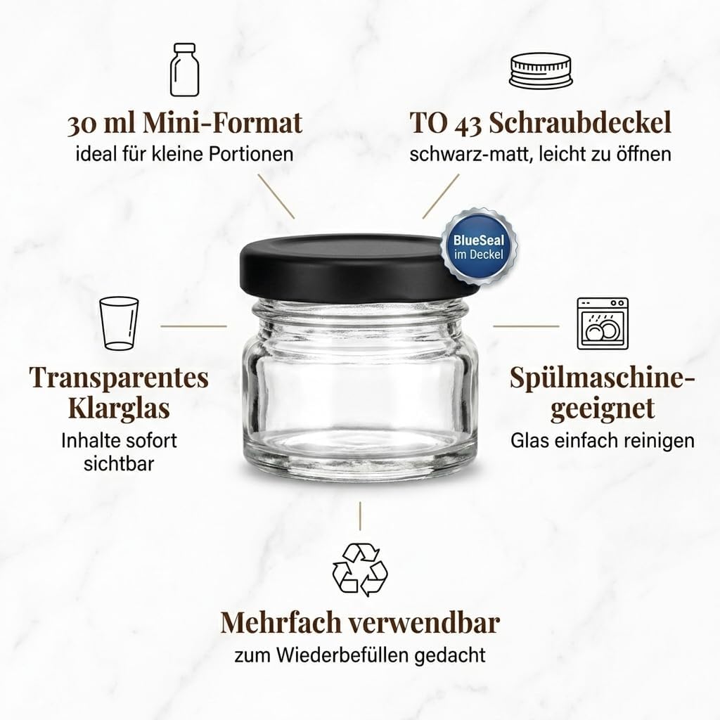 gouveo 48er Set Einmachgläser 30 ml (0,03 l) Mini mit Schraubverschluss schwarz-matt – Runde Mini Vo