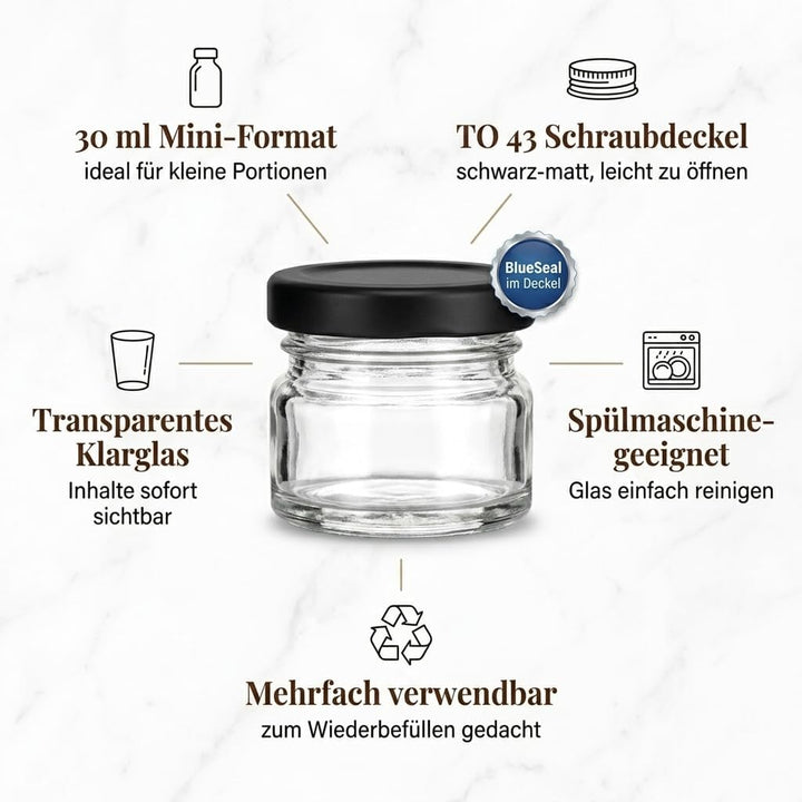 gouveo 48er Set Einmachgläser 30 ml (0,03 l) Mini mit Schraubverschluss schwarz-matt – Runde Mini Vo
