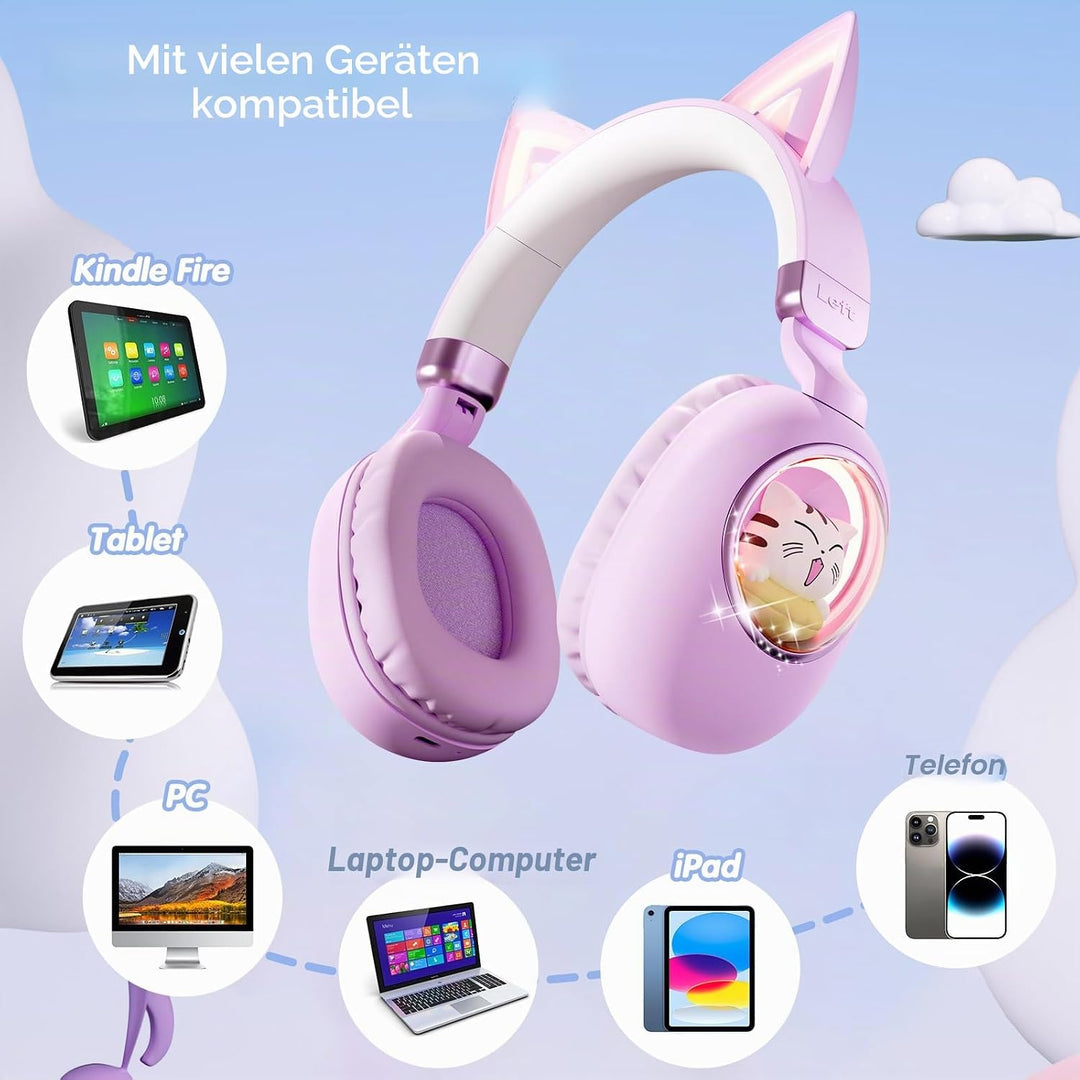 Kinder Kopfhörer mit Katzenohren, Bluetooth 5.4 Over-Ear Noise Cancelling Kopfhörer mit Mikrofon, LE