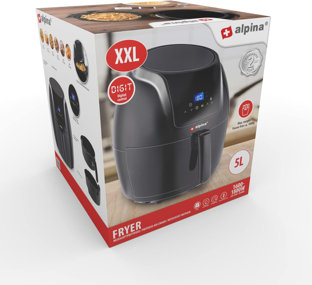 alpina Heissluftfritteuse - 5 Liter - 230V - Airfryer - Digitaler Touchscreen - Huhn, Gemüse, Brot,
