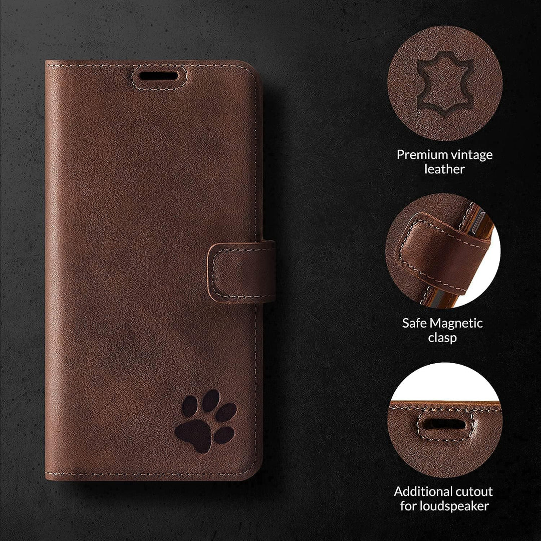 SURAZO Premium Handyhülle für Apple iPhone X XS – Echtleder Hülle mit Pfote Motiv – Vintage Leder Kl