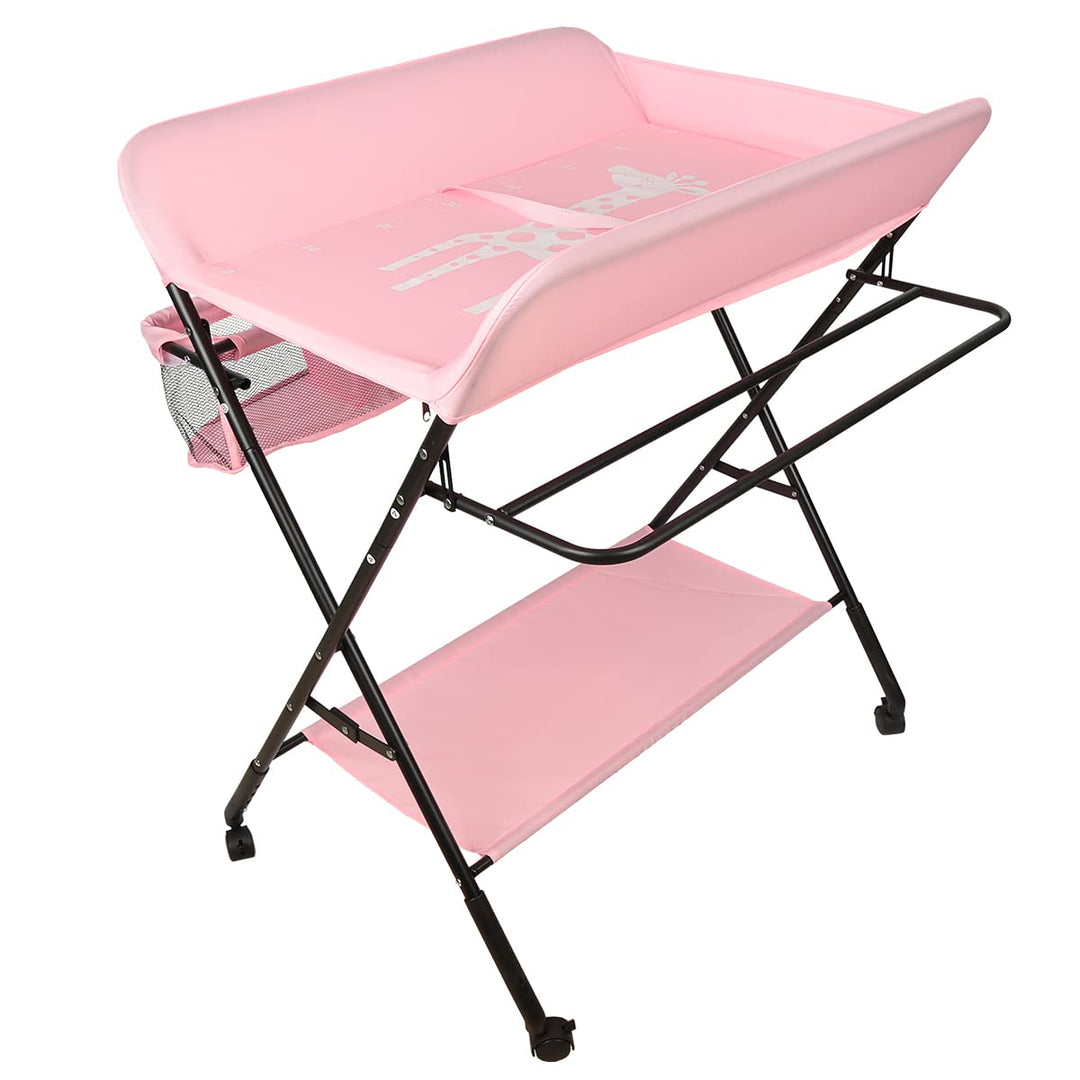 OHMG Baby Wickelkombi Klappbare Wickelkommode,Wickeltisch mit Rollen,Mobiler Wickeltisch mit Wickela