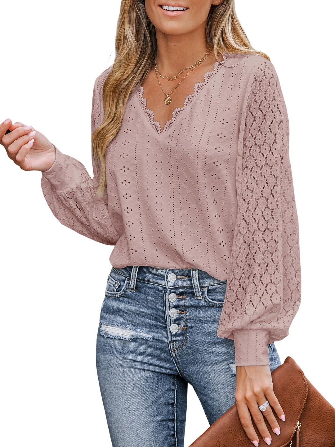 CUPSHE Damen Blusen V-Ausschnitt Spitzen Wellenkante Puffärmel Langarmshirt Lässige Lace Oberteile T