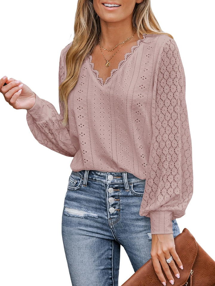 CUPSHE Damen Blusen V-Ausschnitt Spitzen Wellenkante Puffärmel Langarmshirt Lässige Lace Oberteile T