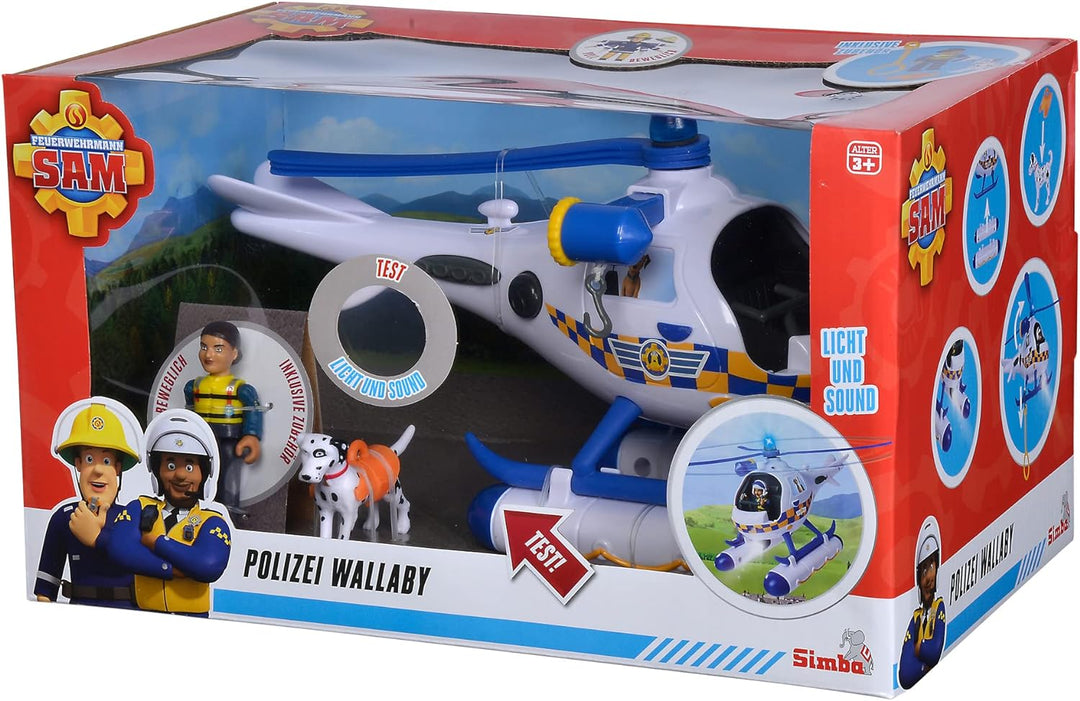 Simba 109252537 - Feuerwehrmann Sam Polizei Wallaby, mit Sound, Blaulicht, Suchscheinwerfer, Seilwin