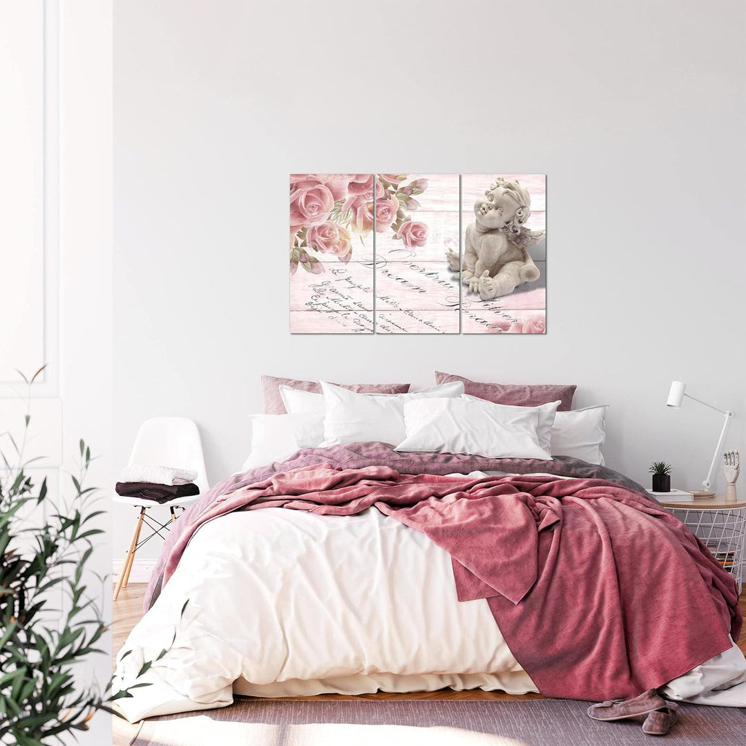 Runa Art Wandbilder Engel Blumen Bild XXL Wohnzimmer Schlafzimmer Rosa Rosen Holz 120 x 80 cm 3 Teil