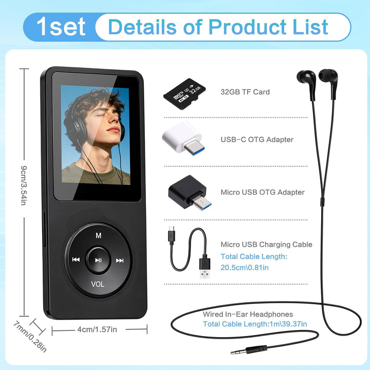 32GB MP3 Player Bluetooth 5.1 mit Lautsprecher, mit 1,8" TFT-Farbbildschirm, Kopfhörer, MP3 Player M