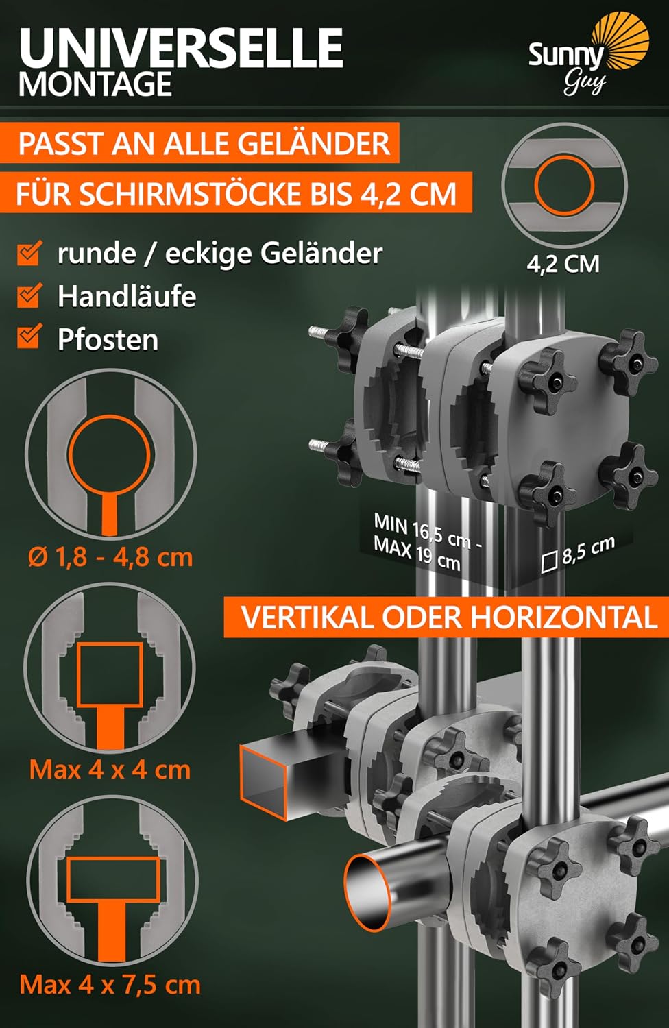 4smile Sonnenschirm Balkon SunnyShade - Sonnenschutz Balkon 3-in-1 SET, UPF 50+ Sonnenschirm rechtec