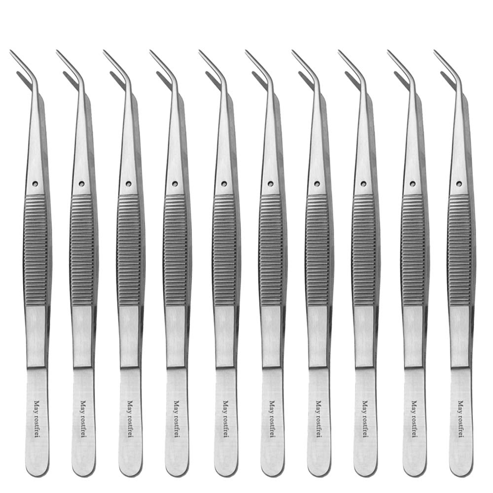 May - Set - 10 x Universal-Pinzette 15cm mit Fixierstift - Haushaltspinzette - abgewinkelt - feine S
