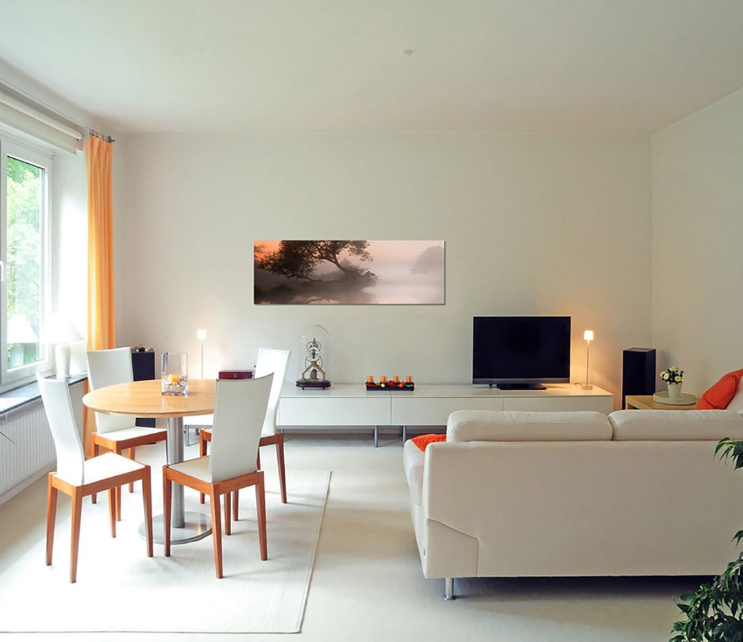 Paul Sinus Art Panoramabild auf Leinwand und Keilrahmen 150x50cm Fluss Baum Nebel Morgendämmerung