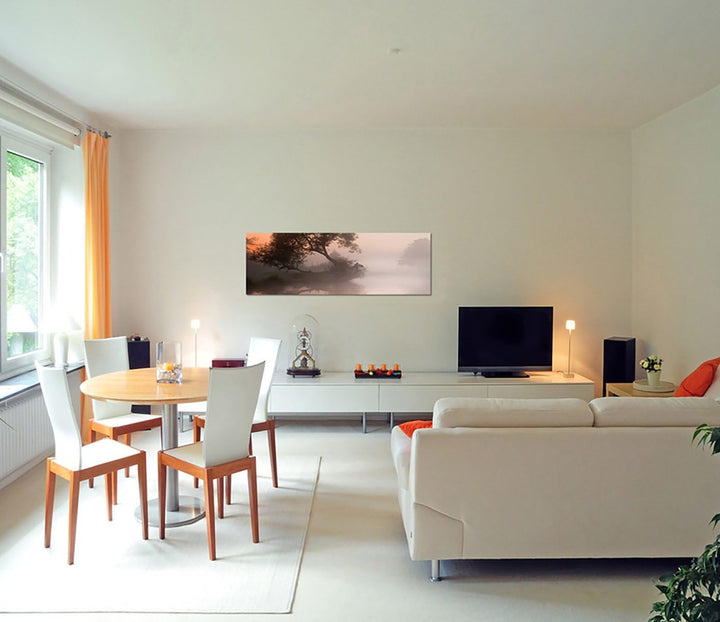 Paul Sinus Art Panoramabild auf Leinwand und Keilrahmen 150x50cm Fluss Baum Nebel Morgendämmerung